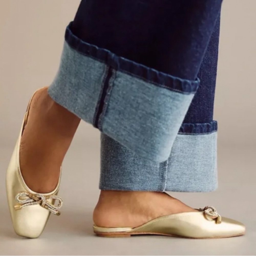 Guilhermina Metallic Gold Square Toe Ballet Slip On Mule Flat Size 7